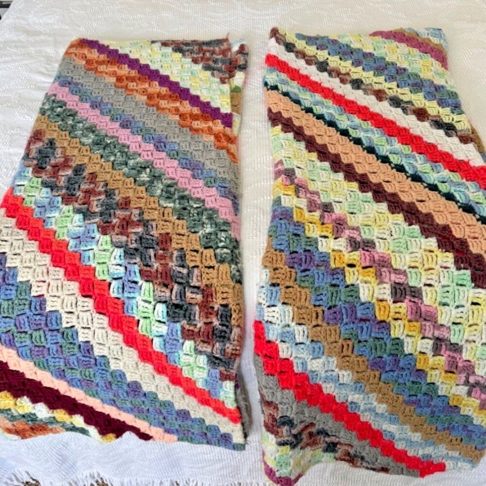 2 Vintage Handmade Crochet Throw Blankets Afghans Colorful Zig Zag 40” x 70”